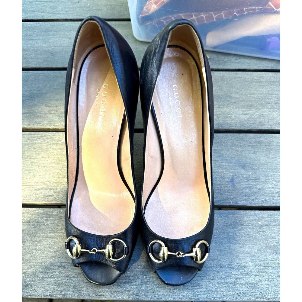 Gucci Black Leather Horsebit Peep Toe Stiletto Pump Heels EU 38/US 8